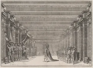 Throne room with a man in classical armor standing at center addressing a man seated on a throne at left; soldiers lined on either side of the room; set design from 'Il Fuoco Eterno'