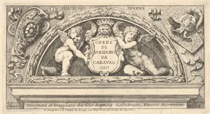 Titeplate to series of prints after Poloidoro, title on a shield supported by two putti