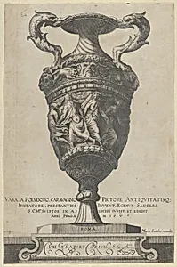 Title page depicting a two-handled base with dancing nymphs, from Antique Vases (Vasa a Polidoro Caravagino) by Cherubino Alberti (Zaccaria Mattia)|Polidoro da Caravaggio|Aegidius Sadeler II|Marcus Sadeler