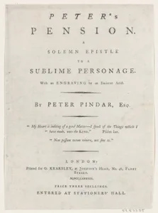 Title page, from Peter's Pension by Peter Pindar, Esq.