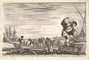Title page: men carrying bags across a rowboat and onto shore in center, one man carrying two bags in right in the foreground, ships to left and right in the background, from 'Views of seaports' (Vues de ports de mar) by Stefano della Bella|Israël Henriet