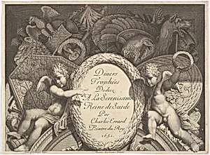 Title page of Divers Trophées (Weapon Trophies after the Façade of Palazzo Milesi in Rome) by René Lochon|Charles Errard le fils|Polidoro da Caravaggio