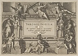 Title Page Set in an Architectural Frame with Allegorical figures and Christ, from Thronus Justitiae, tredecim pulcherrimus tabulis... by Joachim Wtewael|Willem van Swanenburg|Pieter de Jode I