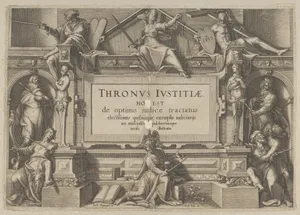 Title Page Set in an Architectural Frame with Allegorical figures and Christ, from Thronus Justitiae, tredecim pulcherrimus tabulis...