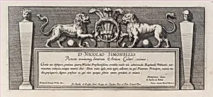 Title-page to a series of fifteen plates, with two lions over a scroll facing a ring rounded by three feathers, from a series of 15 plates depicting Raphael's works for the Vatican stanze and the Sistine Chapel tapestries by Pietro Santi Bartoli|Raphael (Raffaello Sanzio or Santi)|Giovanni Giacomo De Rossi