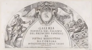 Title page to "Galleria Dipinta nel Palazzo del Prencipe Panfilio" after the ceiling frescoes by Pietro da Cortona depicting the history of Aeneas in the Palazzo Pamphili, Rome