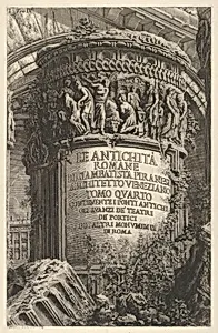 Title page: volume IV, 'The Antiquities of Rome by Giambatista Piranesi, Venetian Architect. Volume 4, containing the ancient bridges, the remains of theaters, of porticoes, and of other monuments of Rome' (Le antichità romane di Giambatista Piranesi architetto veneziano. Tomo quarto, contenente i ponti antichi, gli avanzi de' teatri, de' portici, e di altri monumenti di Roma), from the series 'Roman Antiquities' (Le Antichità Romane) by Giovanni Battista Piranesi
