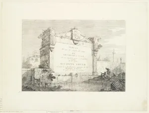 Title page with a large wall of a classical ruin, with a figure seated at right pointing to the dedication, from 'Views' (Vedute altre prese da i luoghi altre ideate da Antonio Canal)