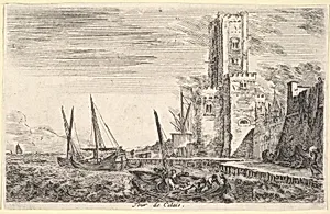 Tower of Calais (Tour de Calais), tower to right, two ships in the sea to left and in center, from 'Views of seaports' (Vues de ports de mar) by Stefano della Bella