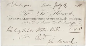 Trade Card for John Hancock, Engraver, Letter Press & Copper Plate Printer