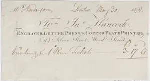 Trade Card for John Hancock, Engraver, Letter Press & Copper Plate Printer