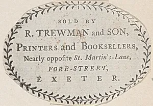 Trade Card for R. Trewman and Son, Printers and Booksellers by Anonymous, British, 18th century