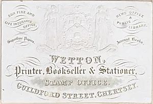 Trade card for Wetton, printer, bookseller and stationer by Anonymous, British, 19th century