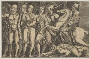 Trajan Fighting the Dacians; Trajan on horseback at right riding towards a group of soldiers at left and trampling two men