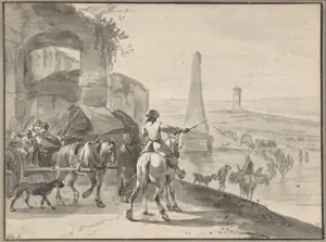 Travellers and wagons fording a river in a Southern landscape
