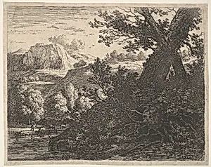 Tree with roots laid bare alongside a stream, a hilly landscape and a man walking behind quadrupeds beyond by Karel Dujardin