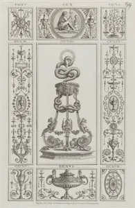 Tripod and Panels of Ornament, nos. CCIV–CCXVII, plate 39 from "Designs for Various Ornaments"