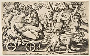 Triumph of Bacchus who is seated on a carriage at left by Giulio Bonasone