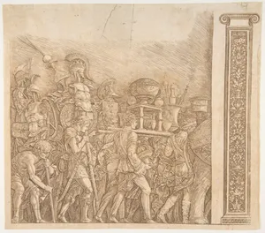 Triumph of Caesar: soldiers carrying trophies (pilaster at right)