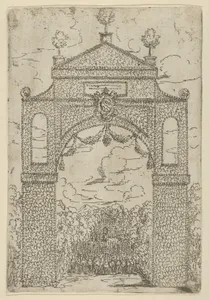 Triumphal arch covered in foliage with mounted troops below, a temporary decoration for the entry of Pope Clement VIII in Bologna in 1598