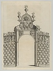 Triumphal arch, from 'Éloges et discours sur la triomphante réception du Roy en sa ville de Paris ...' by Jean-Baptiste de Machault by Melchior Tavernier|Abraham Bosse|Jean-Baptiste de Machault|Pierre Firens I