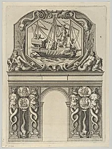 Triumphal arch, from 'Éloges et discours sur la triomphante réception du Roy en sa ville de Paris ...' by Jean-Baptiste de Machault by Pierre Firens I|Melchior Tavernier|Abraham Bosse|Jean-Baptiste de Machault