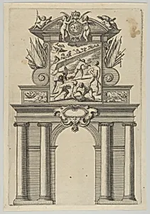 Triumphal arch, from 'Éloges et discours sur la triomphante réception du Roy en sa ville de Paris ...' by Jean-Baptiste de Machault by Melchior Tavernier|Abraham Bosse|Jean-Baptiste de Machault|Pierre Firens I
