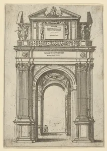 Triumphal arch surmounted by woman seated on a dolphin, four standing figures below, a temporary decoration for the entry of Pope Clement VIII in Bologna in 1598