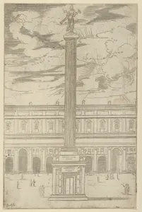 Triumphal column with female figure of Fame holding a trumpet at the top, a temporary decoration for the entry of Pope Clement VIII in Bologna in 1598