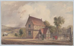 Tudor Style Rural Train Station and Railroad Crossing