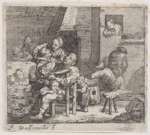 Twelve peasants in a rustic interior with a man looking through a window at upper right