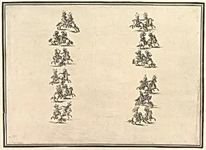 Twenty-four riders dueling and forming two columns, from 'La Gara delle Stagioni' by Stefano della Bella