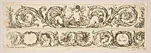 Two Acanthus Friezes: Cupid Subduing Two Lions; Heads of Four Seasons, plate 14 from "Decorative friezes and foliage" (Ornamenti di fregi e fogliami) by Stefano della Bella|Nicolas Langlois