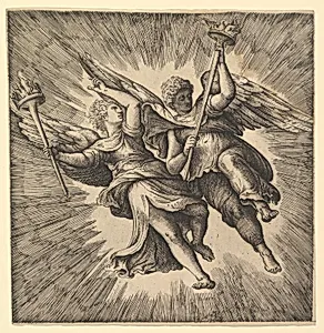 Two Angels or Winged Genii Carrying Torches by Battista Franco
