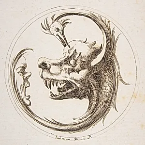 Two Beasts and a Human Mask within a Circle