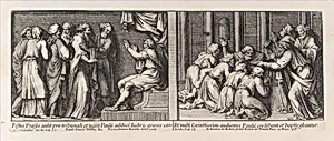 Two Biblical Scenes: Festus judging Saint Paul at left and Saint Paul Baptizing the Christians of Corinth at right, from a series of 15 plates depicting Raphael's works for the Vatican stanze and the Sistine Chapel tapestries by Pietro Santi Bartoli|Raphael (Raffaello Sanzio or Santi)|Giovanni Giacomo De Rossi