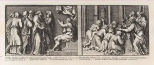 Two Biblical Scenes: Festus judging Saint Paul at left and Saint Paul Baptizing the Christians of Corinth at right, from a series of 15 plates depicting Raphael's works for the Vatican stanze and the Sistine Chapel tapestries