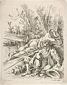 Two Boys Sleeping Besides a Tree by Marie Jeanne Boucher|François Boucher