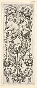 Two camels, their bodies turning into decorative leaves and scrollwork, from 'Ornaments or Grotesques' (Ornamenti o Grottesche) by Stefano della Bella