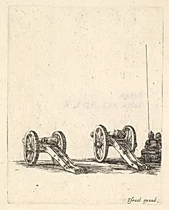 Two cannons, two soldiers seen from the back seated to the right, from 'Equipment needed for Fortification' (Recueil de diverses pièces très nécessaires à la fortification) by Stefano della Bella|Israël Henriet