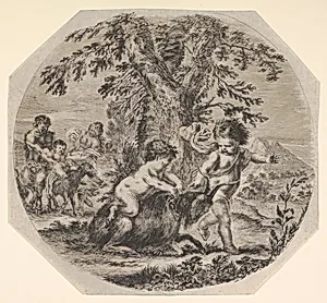 Two children playing with a goat in center, turned towards the right, a child satyr sitting atop the goat, the other child gesturing towards the right, a satyr and a woman watching their child ride a goat in the background, an oval composition by Stefano della Bella