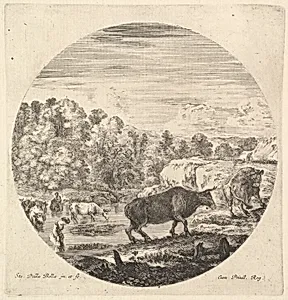 Two cows in center, followed by two peasant women and other cows in the river to left, a round composition, from 'Six animal subjects' (Six sujets d'animaux) by Stefano della Bella