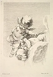 Two Cupids, One Holding a Wreath