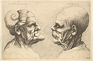 Two deformed heads facing each other by Leonardo da Vinci|Wenceslaus Hollar