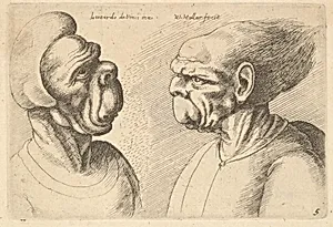 Two deformed heads facing inwards by Leonardo da Vinci|Wenceslaus Hollar