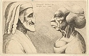 Two deformed heads (the figure on the left is possibly a caricature of Dante) by Leonardo da Vinci|Wenceslaus Hollar