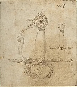 Two Designs for the Hilt of a Sword (recto); Two Designs for Helmets (verso) by Anonymous, Italian, mid-16th century