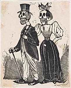 Two elegantly dressed skeletons walking, from a broadside entitled, 'El Gran Panteon Amoroso,' published by Antonio Vanegas Arroyo. by José Guadalupe Posada
