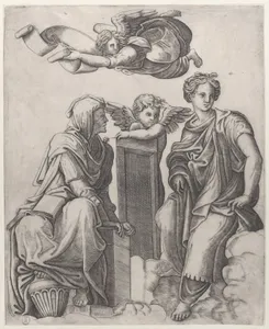 Two female figures seated in the clouds flanking an angel and another flying above carrying a banderole