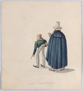 Two fortune tellers (?) wearing top hats viewed from behind, from a group of drawings depicting Peruvian dress